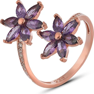 Zanaat Silver 925 Ayar Gümüş Ametist Taşlı Rose Nilüfer Kamelya Çiçeği Ayarlanabilir Yüzük