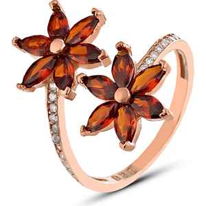 Zanaat Silver 925 Ayar Gümüş Garnet Taşlı Rose  Nilüfer Kamelya Çiçeği Ayarlanabilir Yüzük