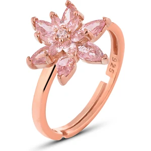 Zanaat Silver 925 Ayar Gümüş Pembe Taşlı Rose Çift Katman Nilüfer Çiçeği Ayarlanır Yüzük