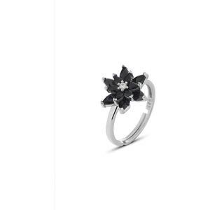 Zanaat Silver 925 Ayar Gümüş Siyah Taşlı Çift Katman Nilüfer Çiçeği Ayarlanır Yüzük