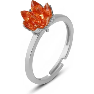 Zanaat Silver 925 Ayar Gümüş, Orange Taşlı Rodyum Kaplama Ayarlanabilir Lotus Çiçeği Yüzük