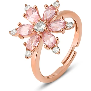 Zanaat Silver 925 Ayar Gümüş, Pembe Taşlı Rose Kaplama Ayarlanır Kamelya Çiçeği Yüzük
