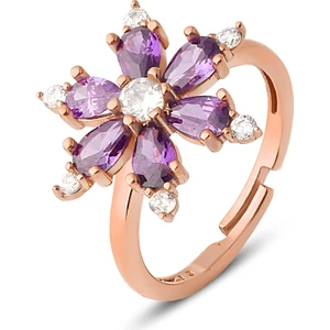 Zanaat Silver 925 Ayar Gümüş, Ametist Taşlı Rose Kaplama Ayarlanır Kamelya Çiçeği Yüzük