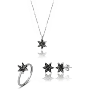 Zanaat Silver 925 Ayar Gümüş Siyah Taşlı Nilüfer Çiçeği Takım & Seti