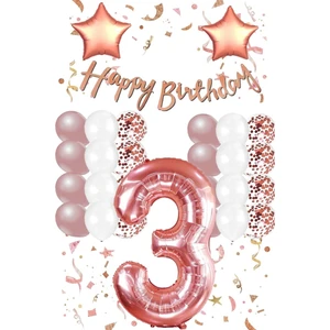 Rose Gold Konsept 1 Yaş Doğum Günü Kutlama Seti; Beyaz Gold Konfetili Balon, Rakam Yıldız Folyo ve Banner