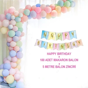 100 Makaron Pastel Balon Seti +Happy Bırthday Yazısı Makaron + 5 Metre Balon Zinciri