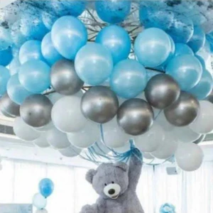 Parti Sürprizi 50 Adet Açık Mavi-Beyaz-Gümüş Metalik Balon 5 mt Balon Zinciri Parti Balon Seti