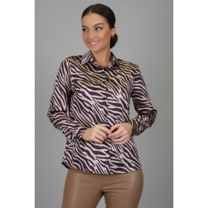 Sweetness Kadın Siyah Bej  Zebra Desenli Likralı Saten Uzun Kol Abiye Gömlek Dk 1005