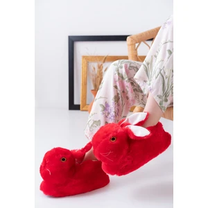 Tavşan Figürlü Kırmızı Peluş Panduf Ev Pandufu Unisex