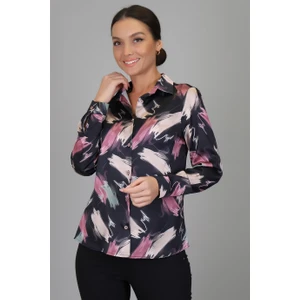 Sweetness Kadın Siyah Bej Desenli Likralı Saten Uzun Kol Abiye Gömlek Dk 1009