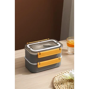 Bento Lunch Box Ofis-Okul Için Yeni Nesil Sefer Tası Çift Kat 3 Bölme Paslanmaz Çelik F494