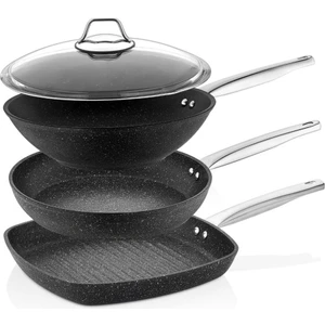 Casa Milano Black Line 28 cm 4 parça tava seti
(28 kare+28 wok+28 tava+cam kapak)