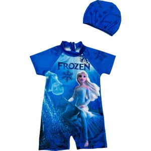 Lolli Boom Kids  Kız Çocuk Koyu Lacivert Frozen Baskılı Renk Geçişli Hassas Ten Kısa Kol Şortlu Mayo Bone Takımı