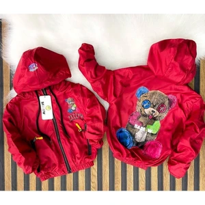 Lolli Boom Kids  Çocuk Çok Renkli Ayıcık Baskılı Iç Astarlı Su Geçirmez Fermuarlı Yağmurluk Kırmızı Siyah Renk