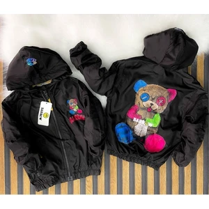Lolli Boom Kids  Çocuk Çok Renkli Ayıcık Baskılı Iç Astarlı Su Geçirmez Fermuarlı Yağmurluk Kırmızı Siyah Renk