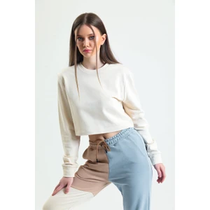 Krem Bisiklet Yaka Crop Sweatshirt