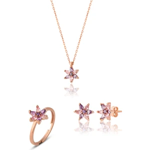 Zanaat Silver 925 Ayar Gümüş Ametist-Pembe Taşlı Nilüfer Çiçeği Takım & Seti