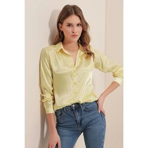 3964 Hafif Dökümlü Saten Gömlek - B.sarı
