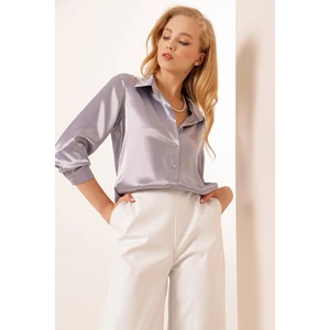 3964 Hafif Dökümlü Saten Gömlek - Lila