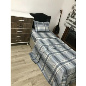 Snr Home Collection Mavi Kareli Pamuklu Tek Kişilik Genç Odası Nevresim Takımı (Lastikli Çarşaflı)