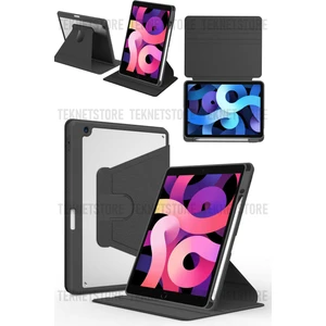 TEKNETSTORE Apple iPad 10.2 8. ve 9. Nesil 2020/2021 Kılıf Kalemlikli 360 Dönebilen Standlı Şeffaf Tablet Kılıfı