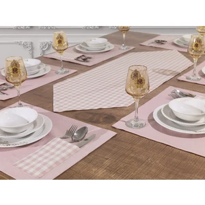 Tropik Home 6'lı Pudra Supla Takımı Amerikan Servis Supla ve Runner Seti 6 Kişilik Ekose Desen ve Masa Sunum Set
