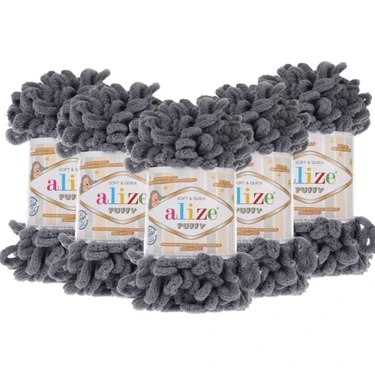 Alize Puffy El Örgü Ipliği 5'li Paket - 87 Koyu Gri - 100 Gr. 9 Mt. Parmak Örgü