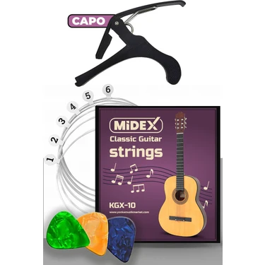 Midex KGX-10C Klasik Gitar Teli Takımı Pena ve Kapo (Capo)