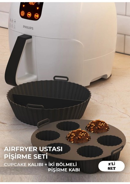 2'Li Set Silikon Airfryer Bölmeli Pişirme Kabı Ve Cupcake Kabı Aksesuar Bpa Içermez