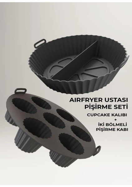2'Li Set Silikon Airfryer Bölmeli Pişirme Kabı Ve Cupcake Kabı Aksesuar Bpa Içermez
