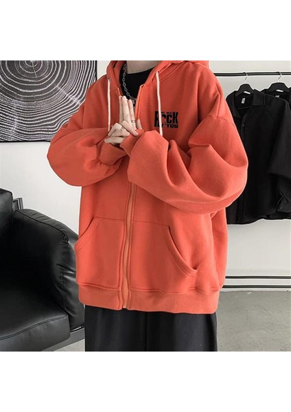 'we Will Rock You' Baskılı Oversize Fermuarlı Turuncu Unisex Kapüşonlu Hırka