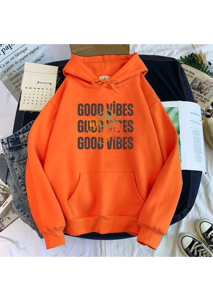 Good Vibes Baskılı Turuncu Unisex Kapüşonlu Oversize Sweatshirt Hoodie