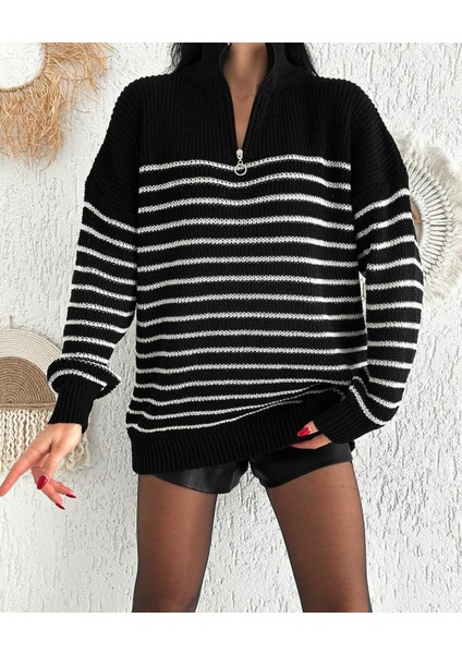 Fermuar Detaylı Çizgili Rahat Kesim Kazak