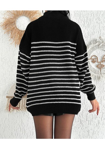 Fermuar Detaylı Çizgili Rahat Kesim Kazak indirimleri