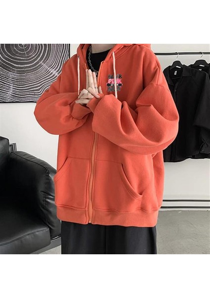 Black Pink Baskılı Oversize Fermuarlı Turuncu Unisex Kapüşonlu Hırka