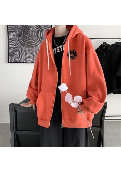 Skull Hands Baskılı Oversize Fermuarlı Turuncu Unisex Kapüşonlu Hırka