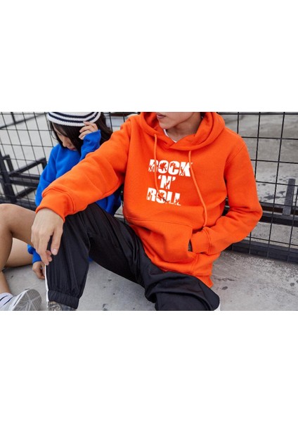 Rock 'N' Roll Baskılı Turuncu Kapüşonlu Oversize Sweatshirt Hoodie