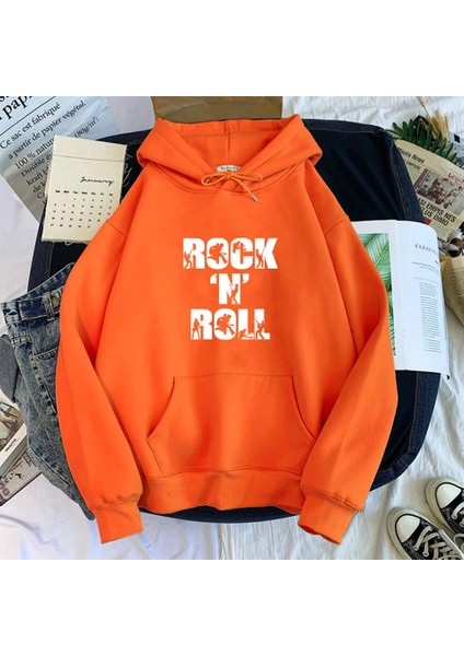 Rock 'N' Roll Baskılı Turuncu Kapüşonlu Oversize Sweatshirt Hoodie fiyatları