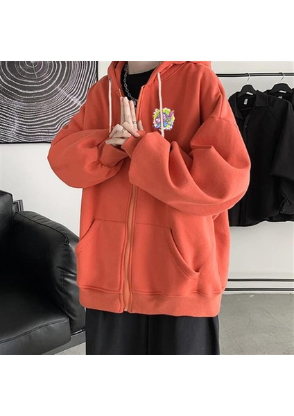 R&m Baskılı Oversize Fermuarlı Turuncu Unisex Kapüşonlu Hırka