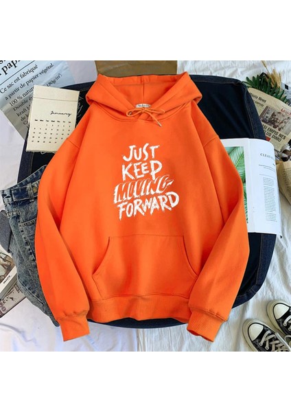 Just Keep Baskılı Turuncu Unisex Kapüşonlu Oversize Sweatshirt Hoodie