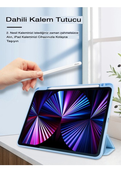 Apple Ipad 7.8.9.nesil 10.2inç Uyumlu Kılıf Katlanabilir Kalemlikli Ayarlanabilir Standlı Uyku Modlu Akıllı Kapak Pencil Kalem Bölmeli Smart Covert Trifoldink Pencil Pen Yuva
