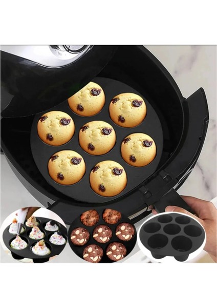 Airfryer Silikon 7'li Muffin Kek Kalıbı - Kek ve Çörek Pişirme Kabı Silikon Kalıp Siyah - (Bpa Free)