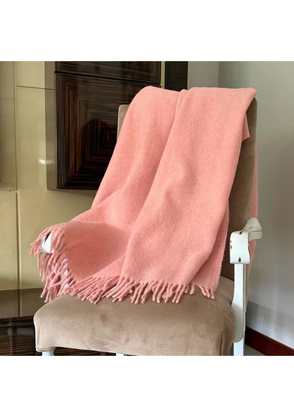 Rey Home %100 Doğal Saf Yün Tek Kişilik Tv Battaniyesi, Püsküllü Diz Battaniyesi, Pembe, 130X170 cm