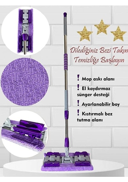 Sihirli Mandallı Teleskobik Mop Multi Fonksiyonel Ayarlanır Mikrofiber Mor Mop Paspas Ev Bakım ve