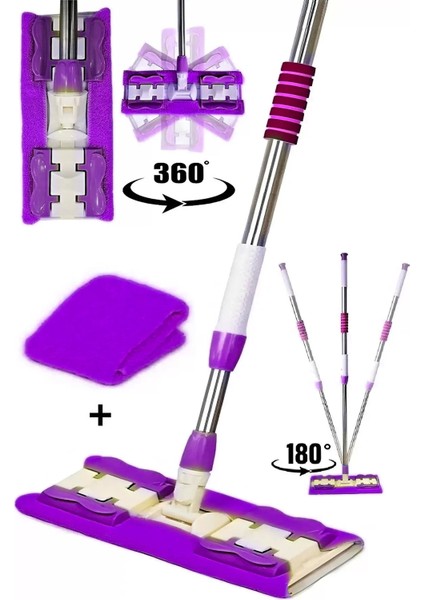 Sihirli Mandallı Teleskobik Mop Multi Fonksiyonel Ayarlanır Mikrofiber Mor Mop Paspas Ev Bakım ve