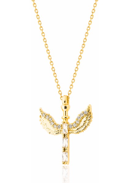 925 Ayar Gümüş Zincirli Baget Taşlı Kanatlı Mikail Kılıcı Kolye