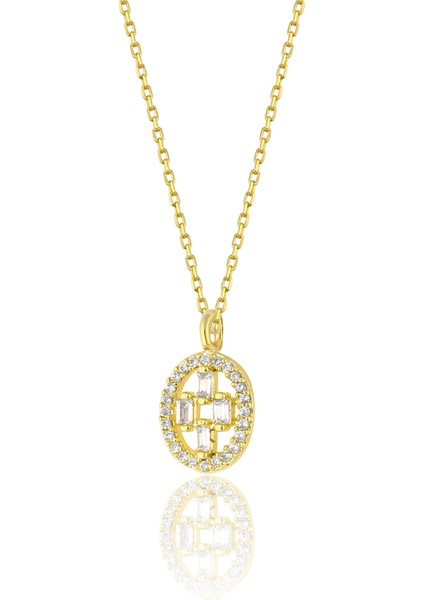 925 Ayar Gümüş Zincirli 14K Altın Kaplama Oval Model Baget Taşlı Kolye