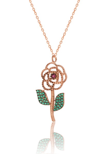 925 Ayar Gümüş Renkli Taşlı Rose Kaplama Gül Modeli Kolye
