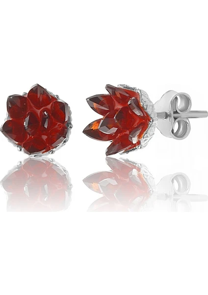 Zanaat Silver 925 Ayar Gümüş, Garnet Taşlı Rodyum Kaplama Lotus Çiçeği Küpe