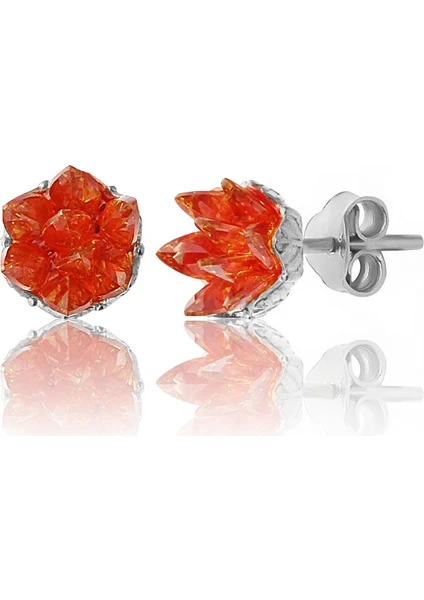 Zanaat Silver 925 Ayar Gümüş, Orange Taşlı Rodyum Kaplama Lotus Çiçeği Küpe